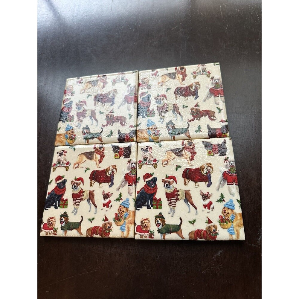 Christmas Dog Coasters Set of 4 Ceramic with Cork Back Dogs in Hats with gifts